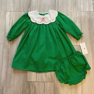 NWT Petit Ami Grass Green Polka Dot Embroidered Collar Dress & Bloomer set 24M